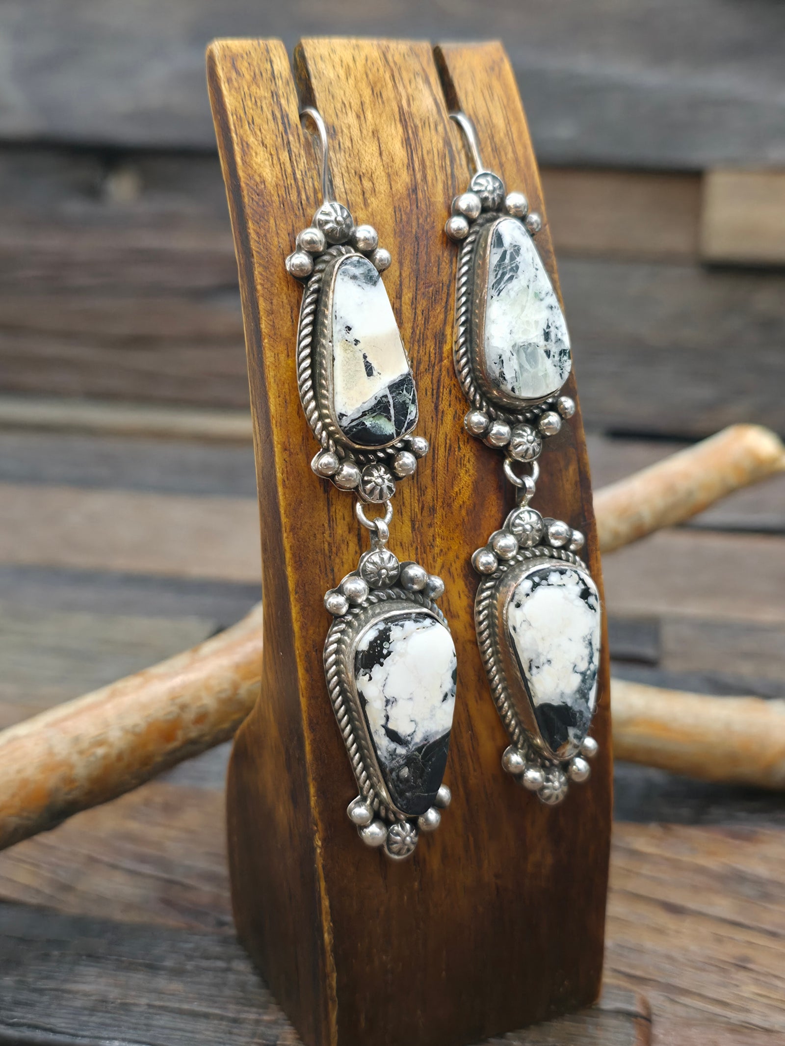 Two Stone Sterling Silver White Buffalo Hook Dangle Earrings by Rosella Paxton - 3 1/2 in by 3/4 in.
