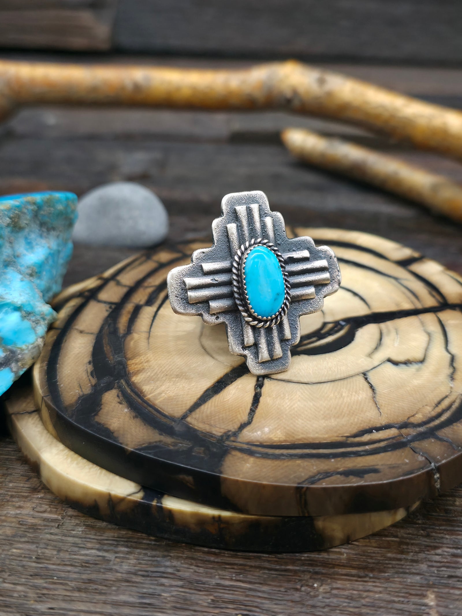 Zia Symbol Turquoise Ring by Kevin Billah - Adjustable