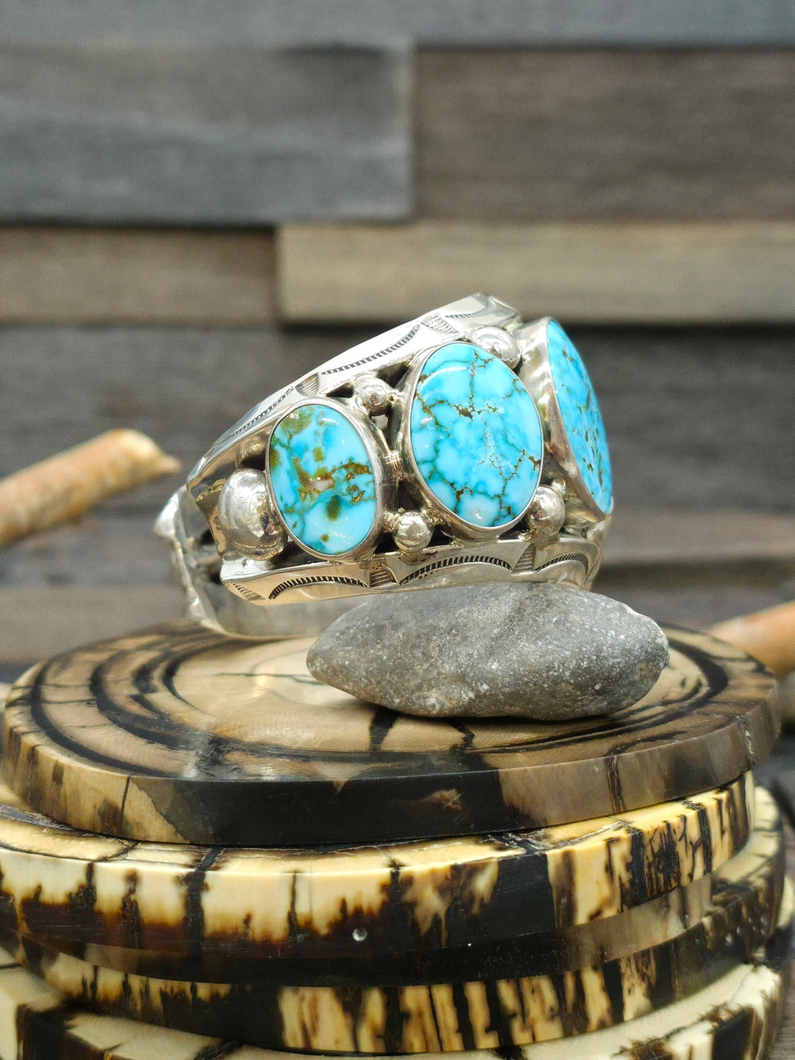 Seven Stone Turquoise Stamped Sterling Silver Cuff Bracelet by JoElias Draper - 6 1/2 in. with Gap