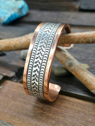 Stamped Sterling Silver and Turquoise Cuff by Sunshine Reeves - 6 1/4 in.