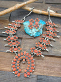 Sterling Silver Coral Squash Blossom Necklace and Earring Set by Freddy Maloney- 26 in.