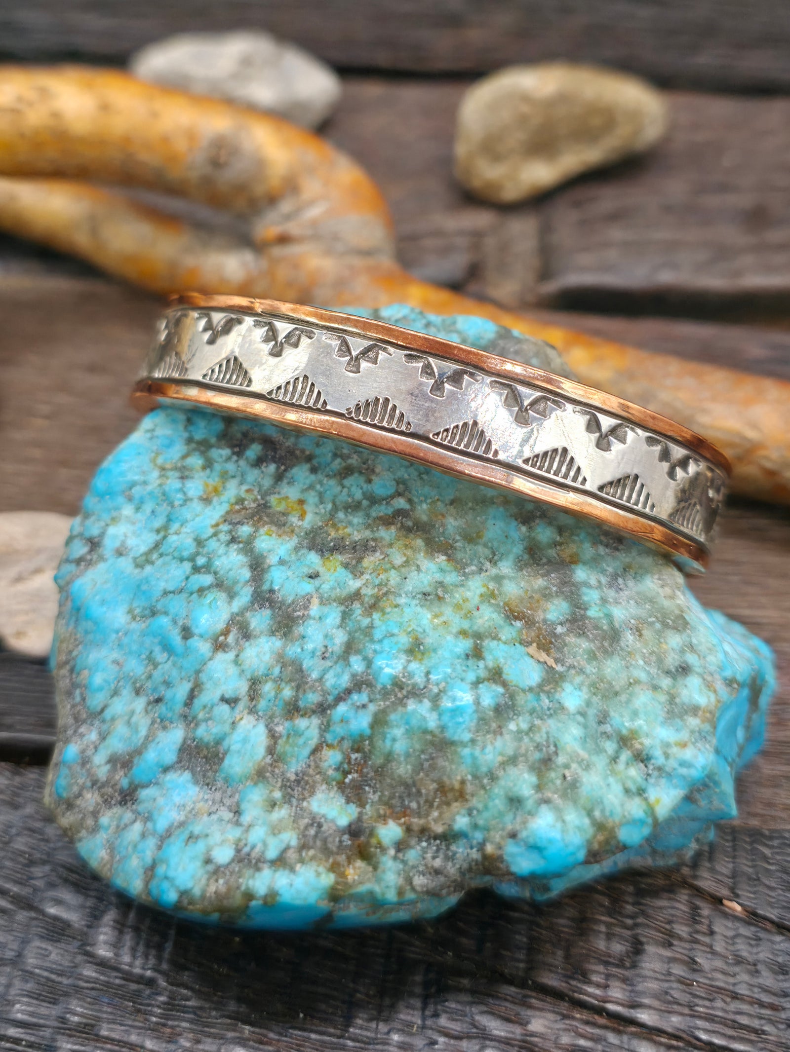 Wide Stamped Sterling Silver and Copper Cuff by Jordan Gene - 7 in. with Gap - Designs Vary