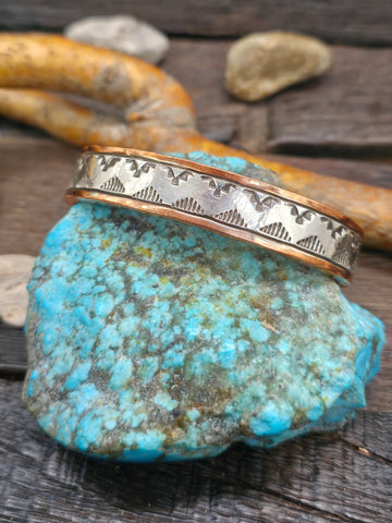 Stamped Sterling Silver and Copper Cuff by Jordan Gene - 6 1/4 in. with Gap - Designs Vary