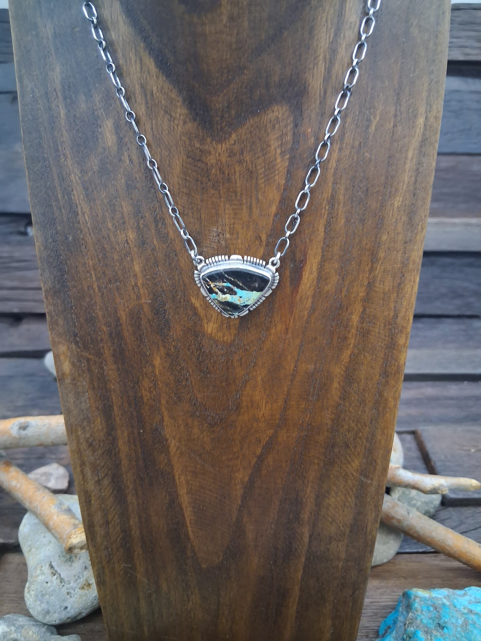 Black Jack Turquoise Triangle Pendant Necklace 16in