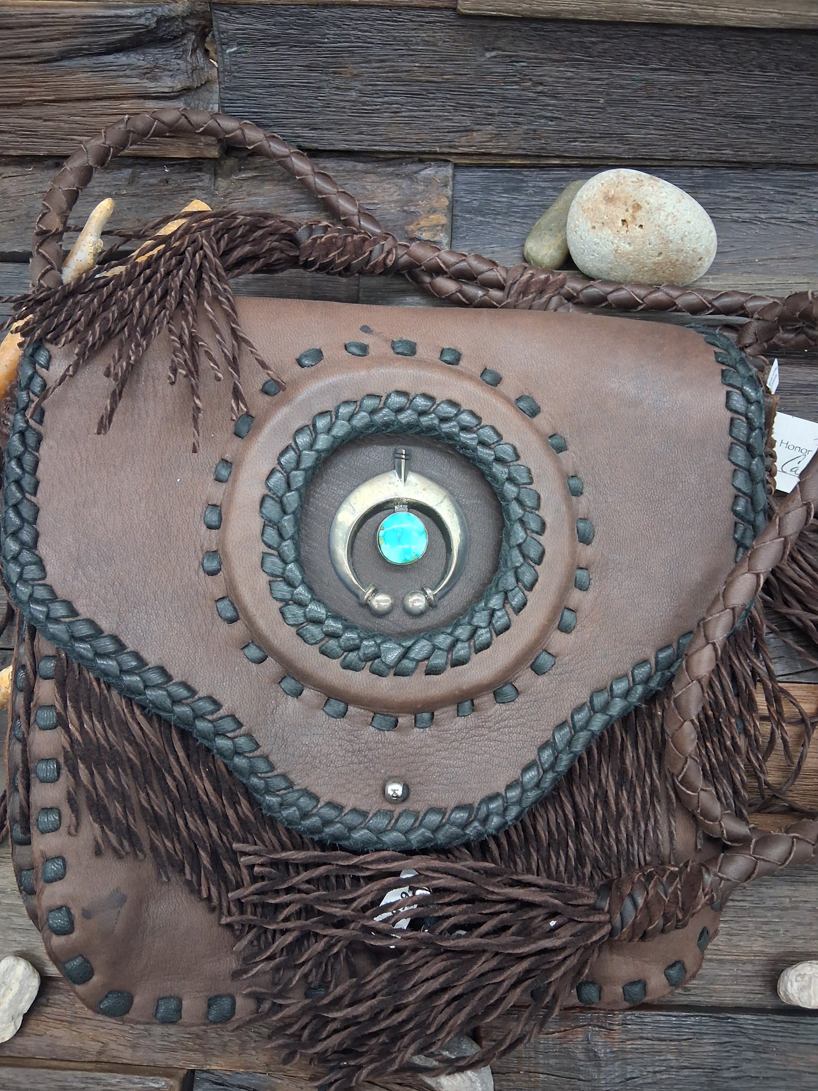 Leather purse in Honor of Agua Caliente with Sterling Silver Naja and Turquoise
