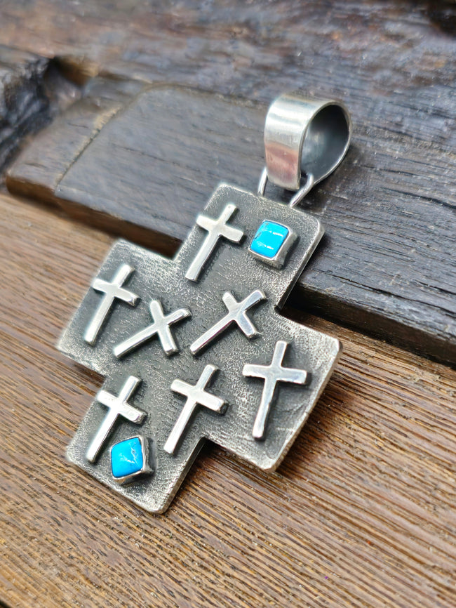 Cross-Shaped Sterling Silver Turquoise Pendant by Ernest Rangel