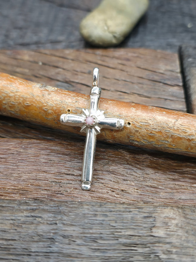 Sterling Silver Pink Conch Petit Point Cross Pendant