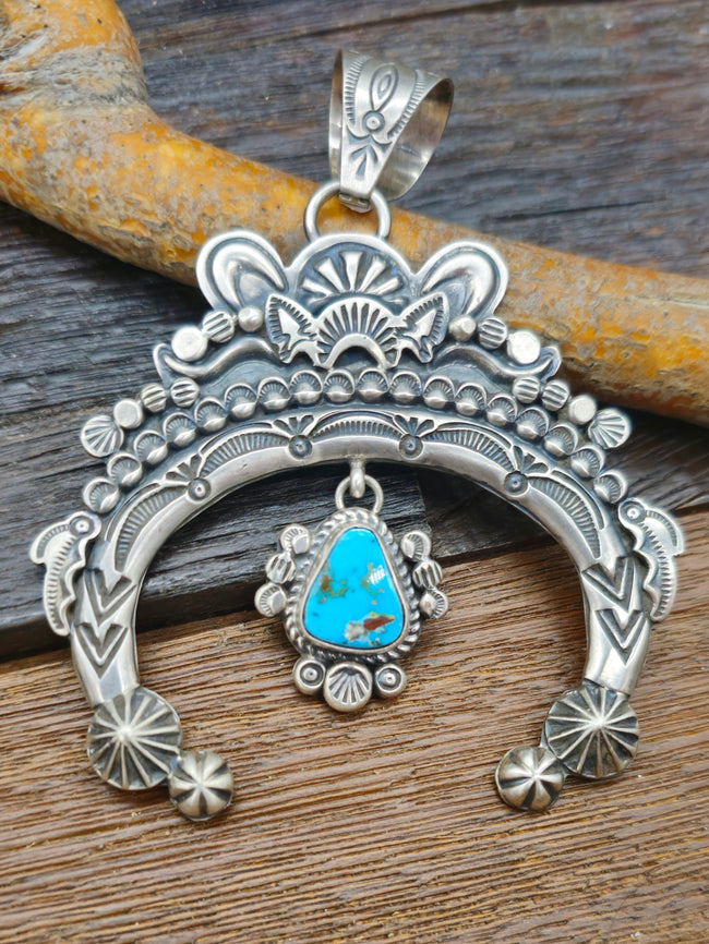 Sterling Silver and Blue Gem Turquoise Naja Pendant by Dean Sandoval