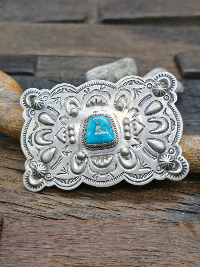 Stamped Sterling Silver Blue Gem Turquoise Belt Buckle by Dean Sandoval - 3" by 2"