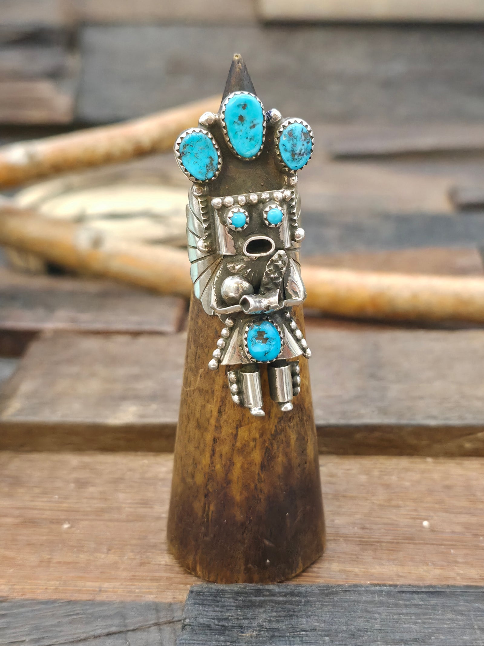 Sterling Silver Kingman Turquoise Yei Ring by Doris Smallcanyon - Size 8 1/2