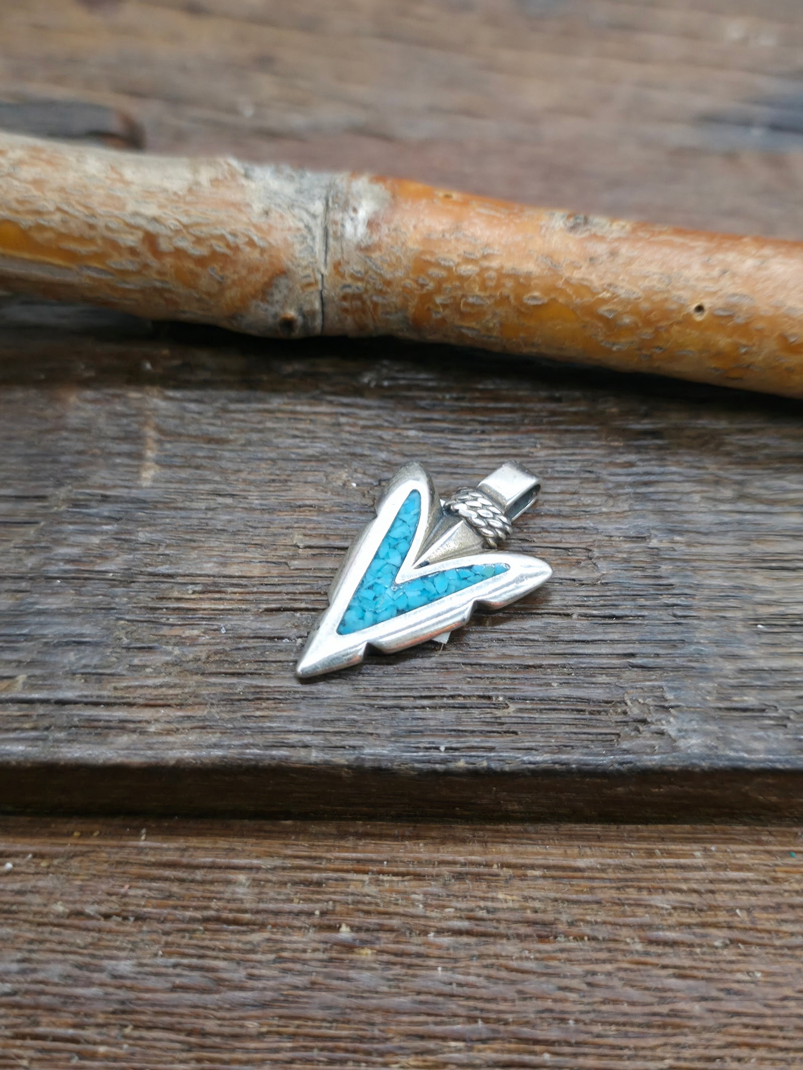 Sterling Silver Turquoise Chip Inlay Arrowhead Pendant - NON NATIVE MADE 1 in. by 3/4 in.