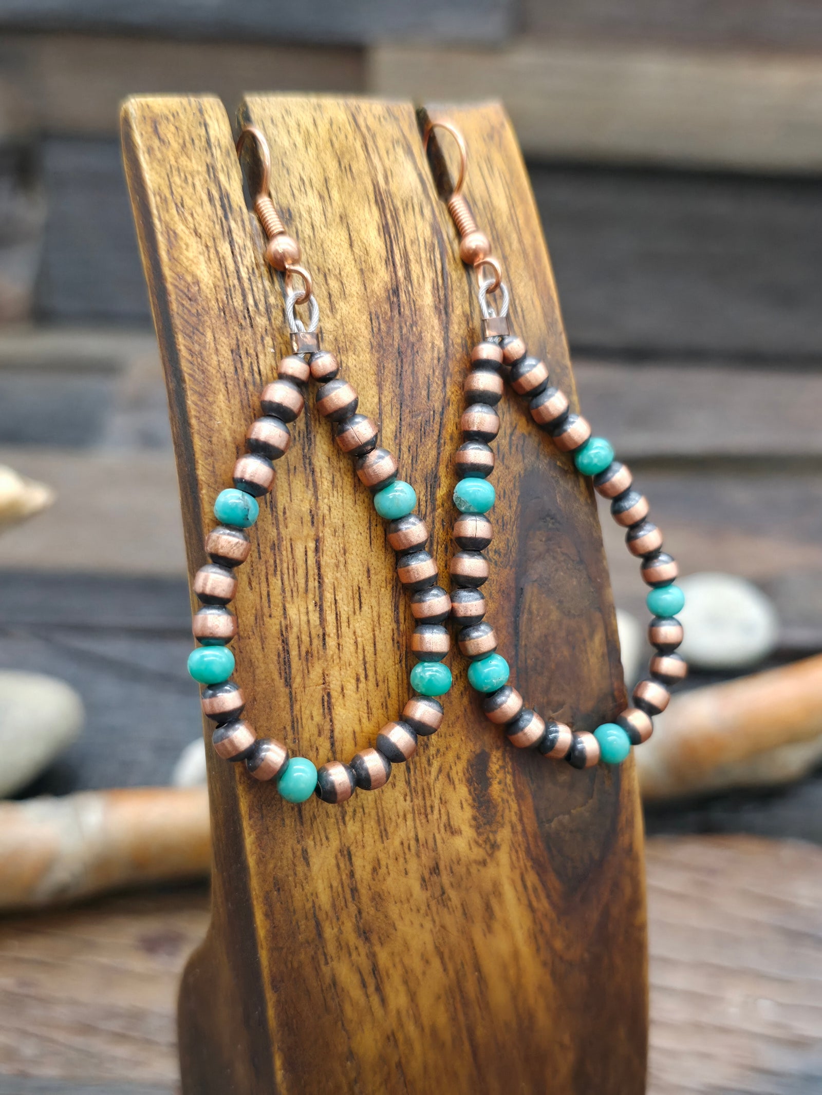 Large Copper and Green Turquoise Bead Loop Earrings