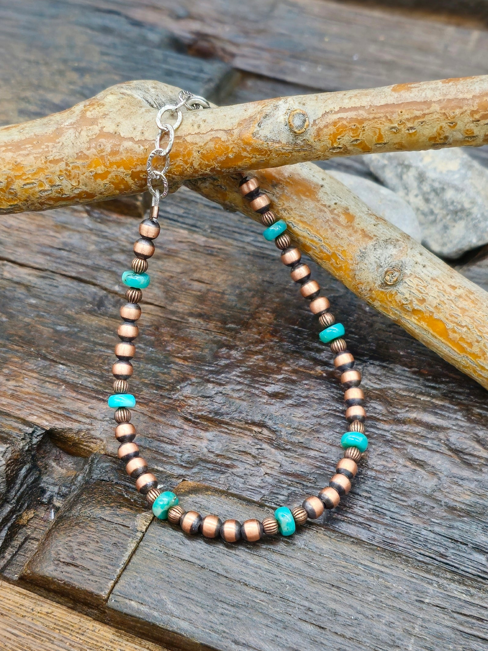 Multi Bead Copper and Turquoise Bracelet - 8 in.