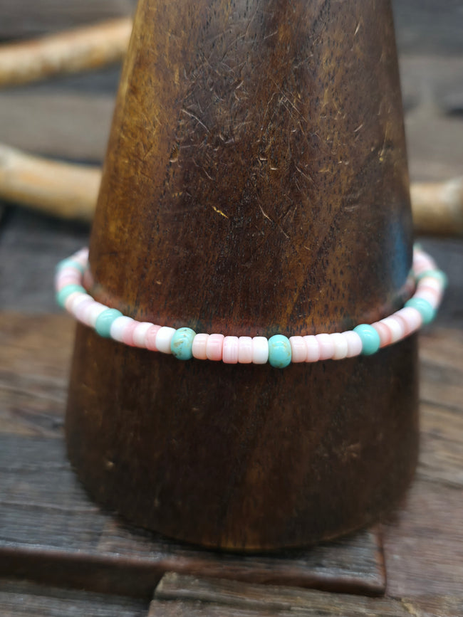Pink Conch Shell and Turquoise Bead Bracelet - 7 in. plus 1 in. Extender