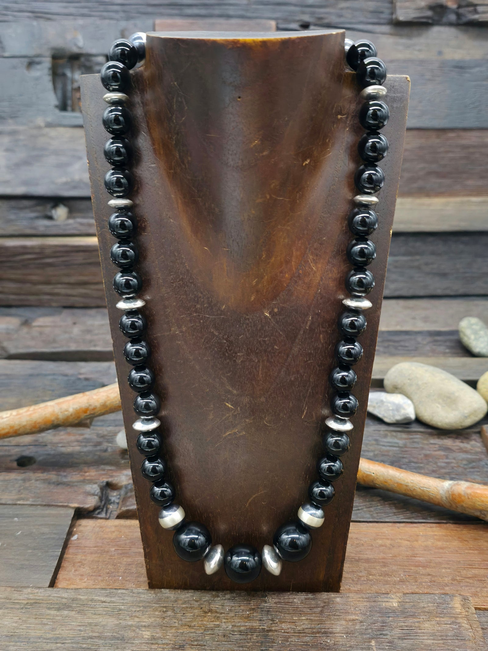 Black Onyx and Oxidized Sterling Silver Bead Necklace by Fred Archuleta - 22 in.