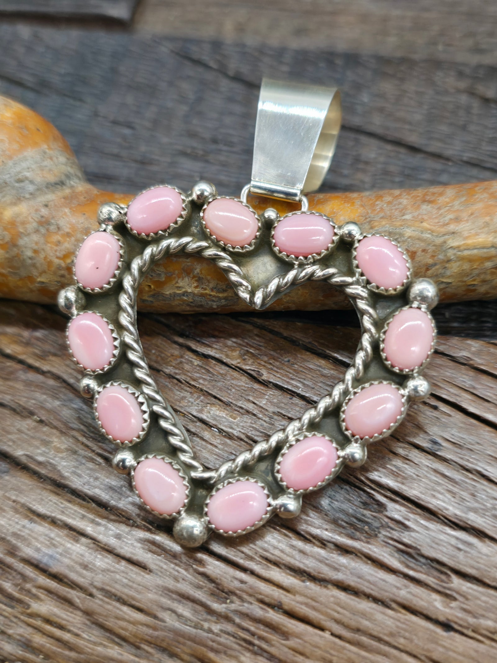Sterling Silver Pink Conch Heart Pendant by Tiffany Jones - 2 3/4 in, by 2 in.