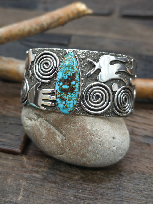 Petroglyph Sterling Silver & Kingman Turquoise Cuff by Alex Sanchez - 6 1/2 in. with Gap