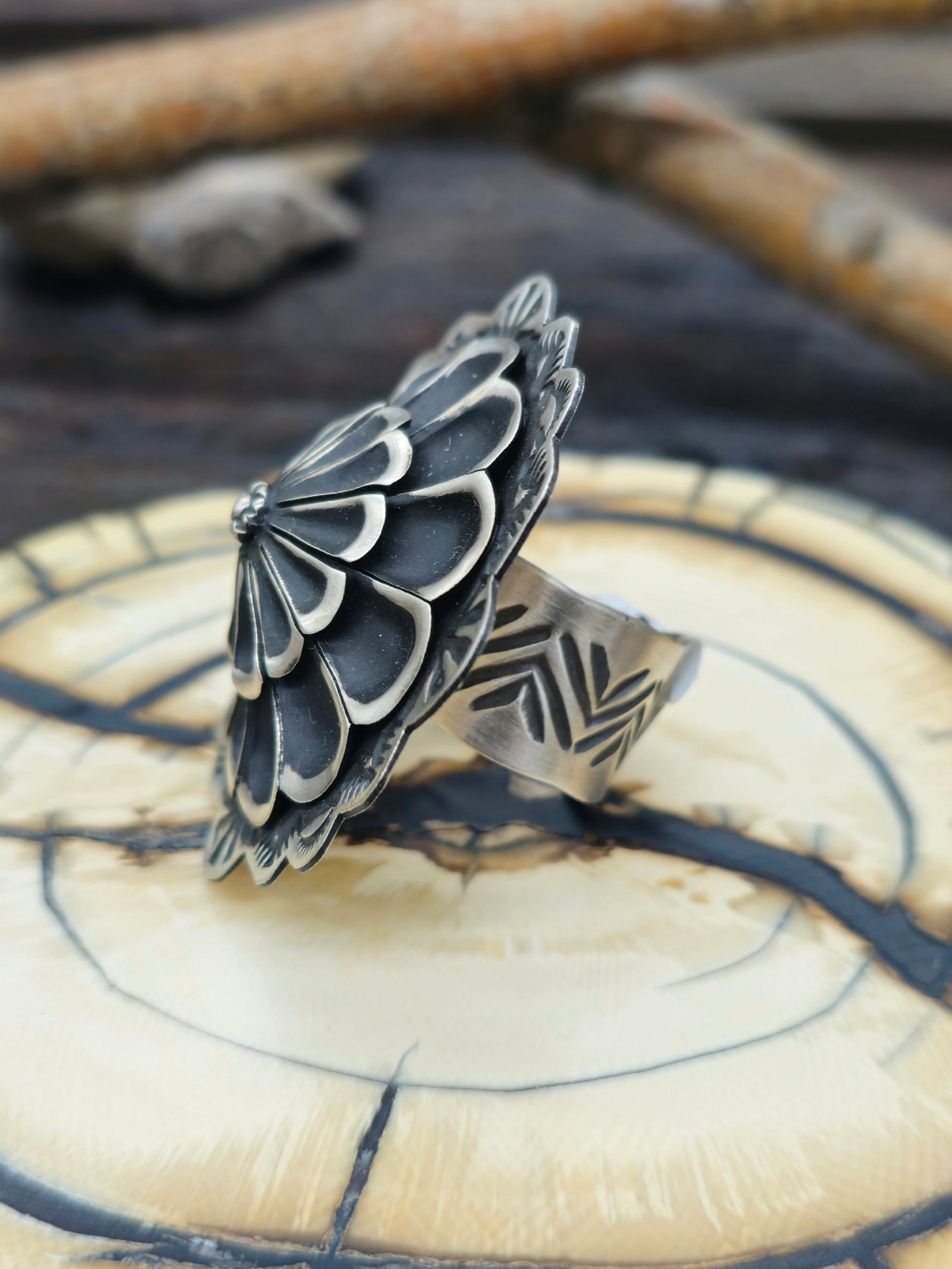 Adjustable Stamped Sterling Silver Ring by Leander Tahe