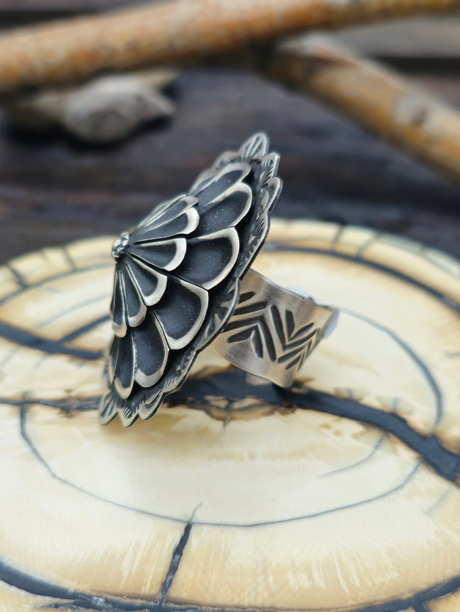 Adjustable Stamped Sterling Silver Ring by Leander Tahe