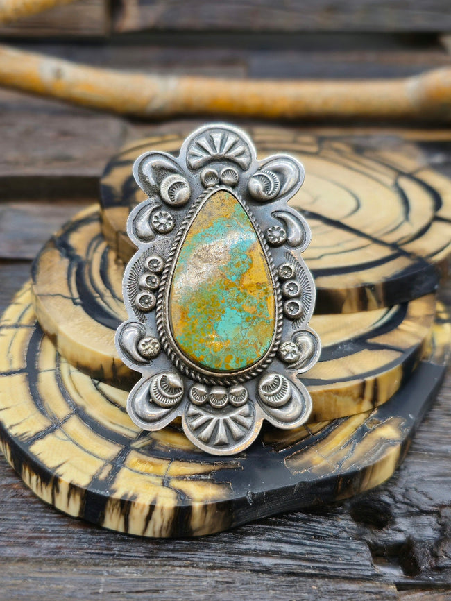 Large Green Turquoise and Oxidized Sterling Silver Statement Ring by Dean Sandoval Size 8