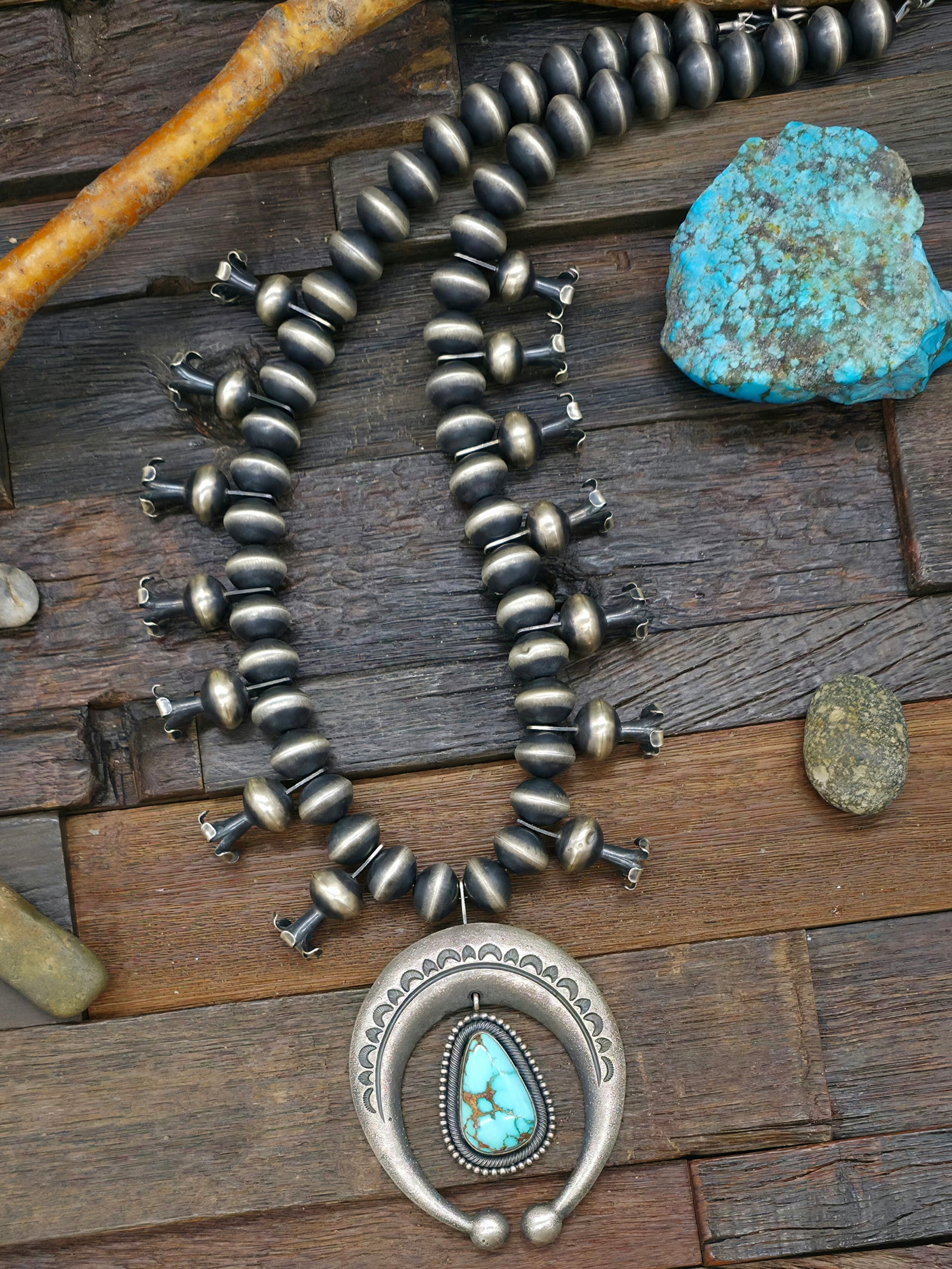 Sterling Silver Royston Turquoise Squash Blossom Necklace by Ernest Begay and Ernest Begay Jr.- 28 in.