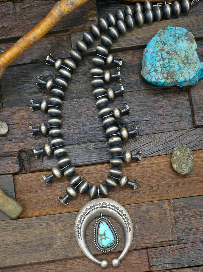Sterling Silver Royston Turquoise Squash Blossom Necklace by Ernest Begay and Ernest Begay Jr.- 28 in.