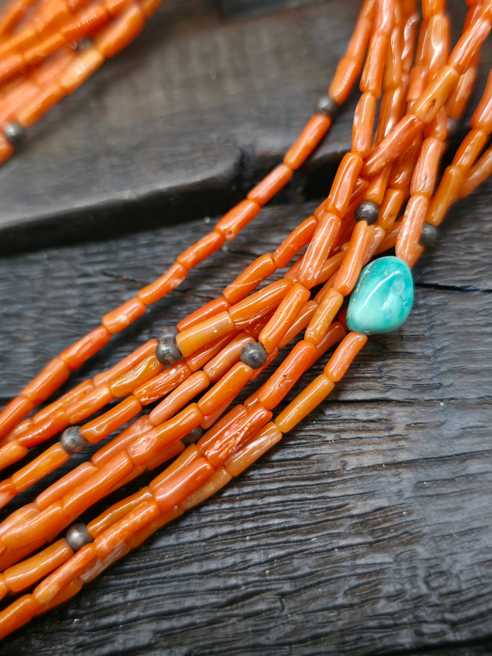 Ten Strand Coral Necklace with Turquoise and Sterling Silver Beads and Turquoise Jacla, Traditional Wrap by Mel Masquat - 28 in. with 5 in. Drop