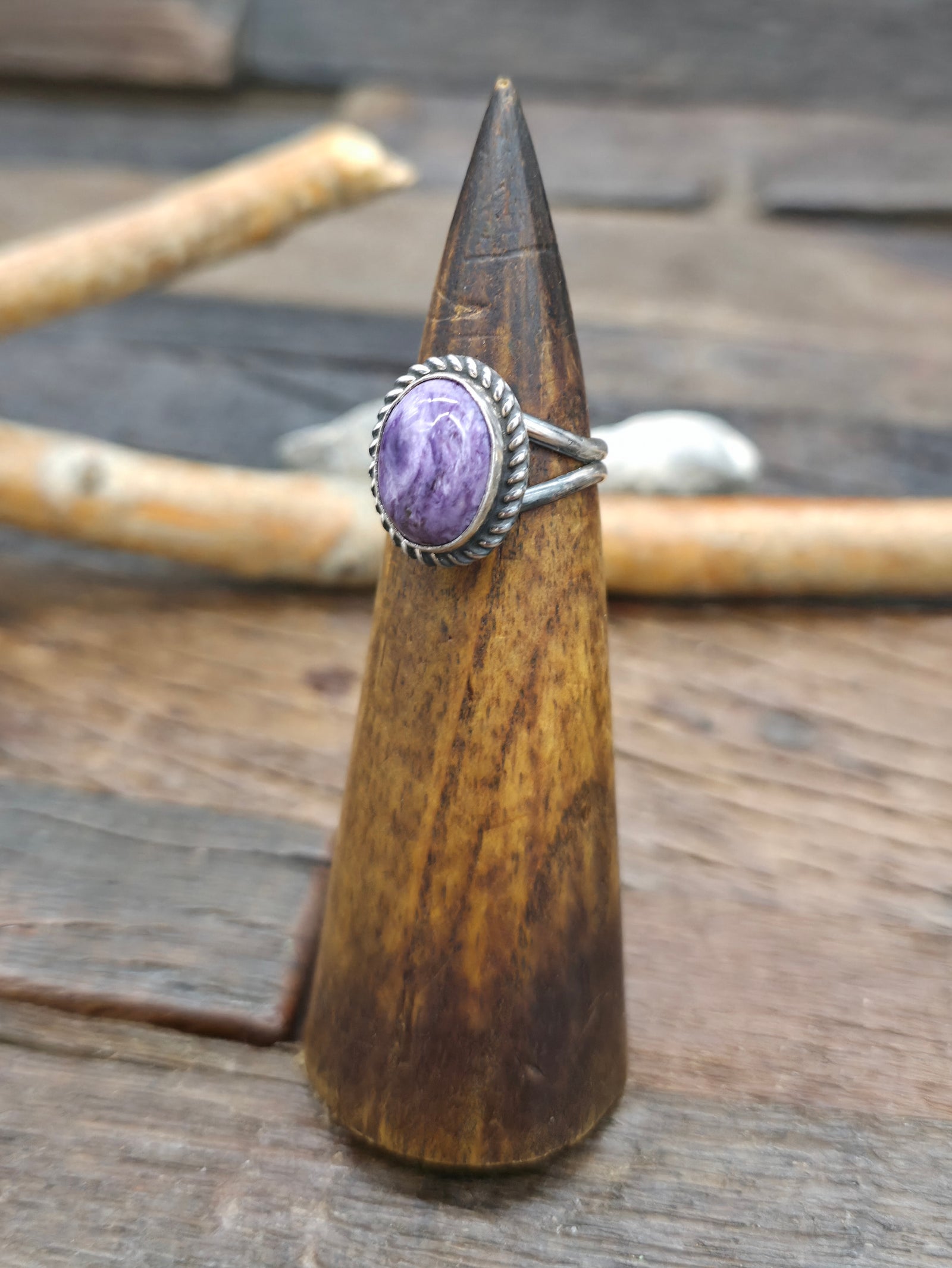 Charoite Sterling Silver Jellybean Ring by Priscilla Smith - Adjustable