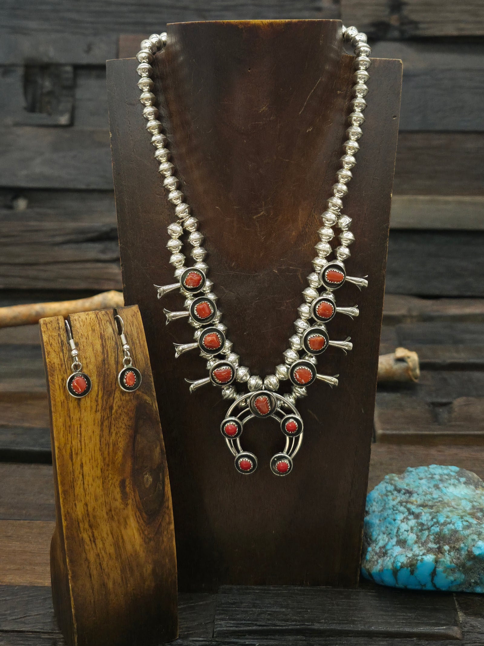 Sterling Silver Coral Squash Blossom Necklace and Earring Set by Phil and Lenora Garcia - 18 in.
