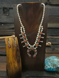 Sterling Silver Coral Squash Blossom Necklace and Earring Set by Phil and Lenora Garcia - 18 in.