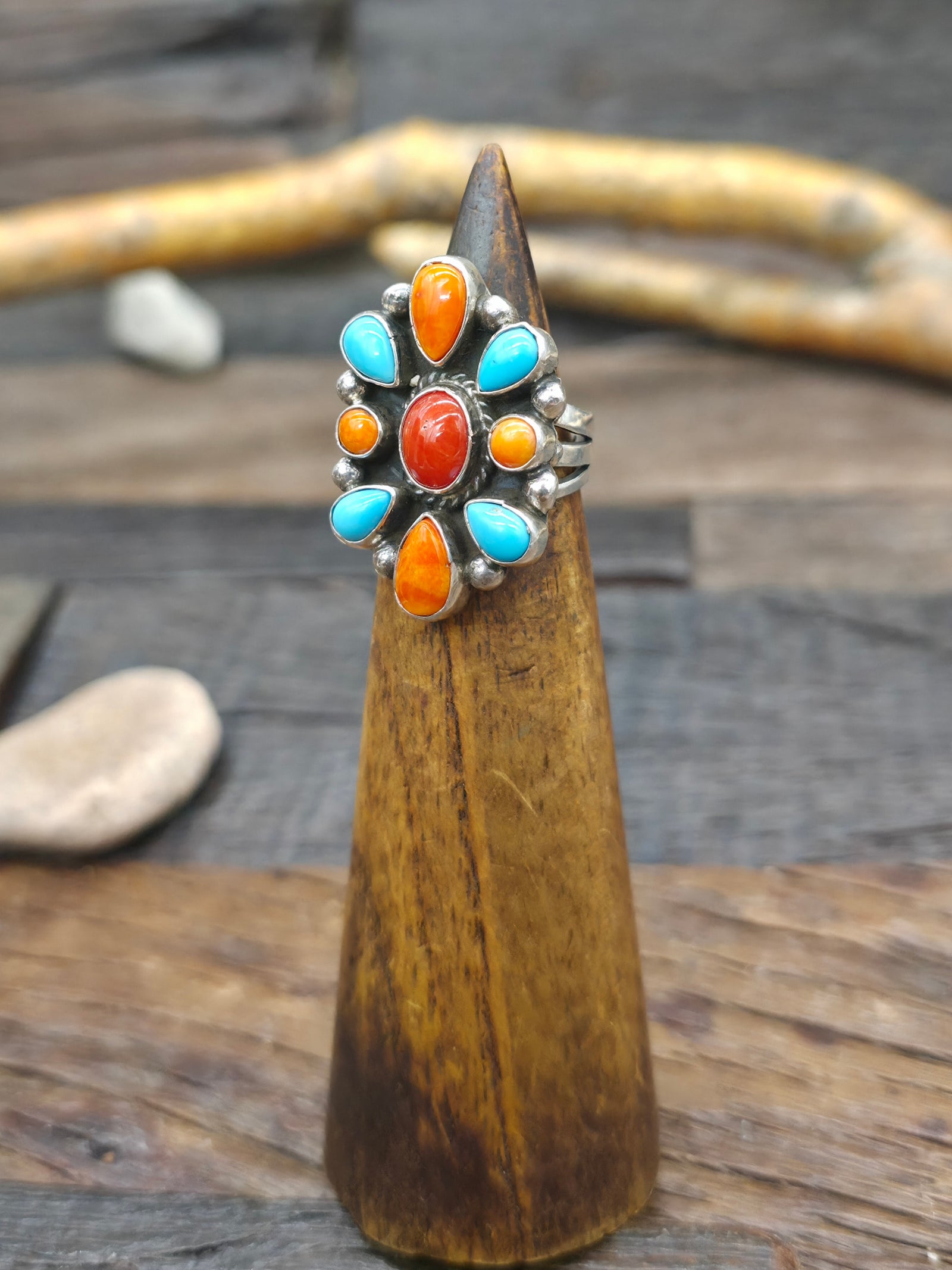 Spiny, Turquoise, and Coral Sterling Silver Cluster Ring by Linda Yazzie - Size 5 3/4