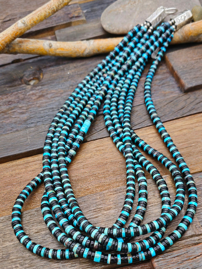 Five-Strand Turquoise and Jet Heishi Necklace by Fred Archuleta 26 in.