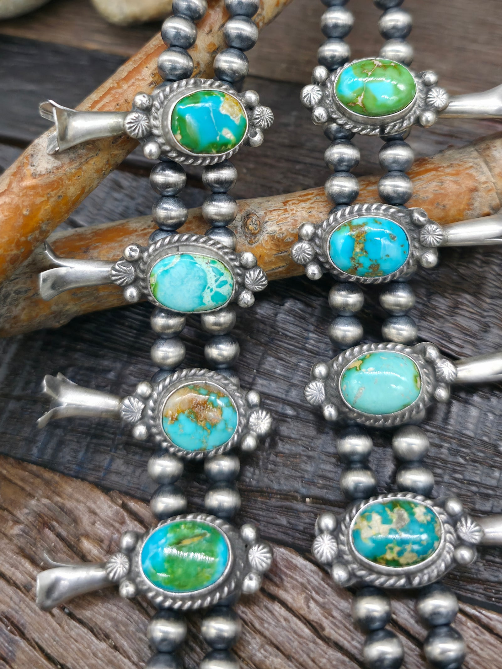 Sterling Silver Sonoran Turquoise Squash Blossom Necklace and Earring Set by Theresa Smith - 22 in.