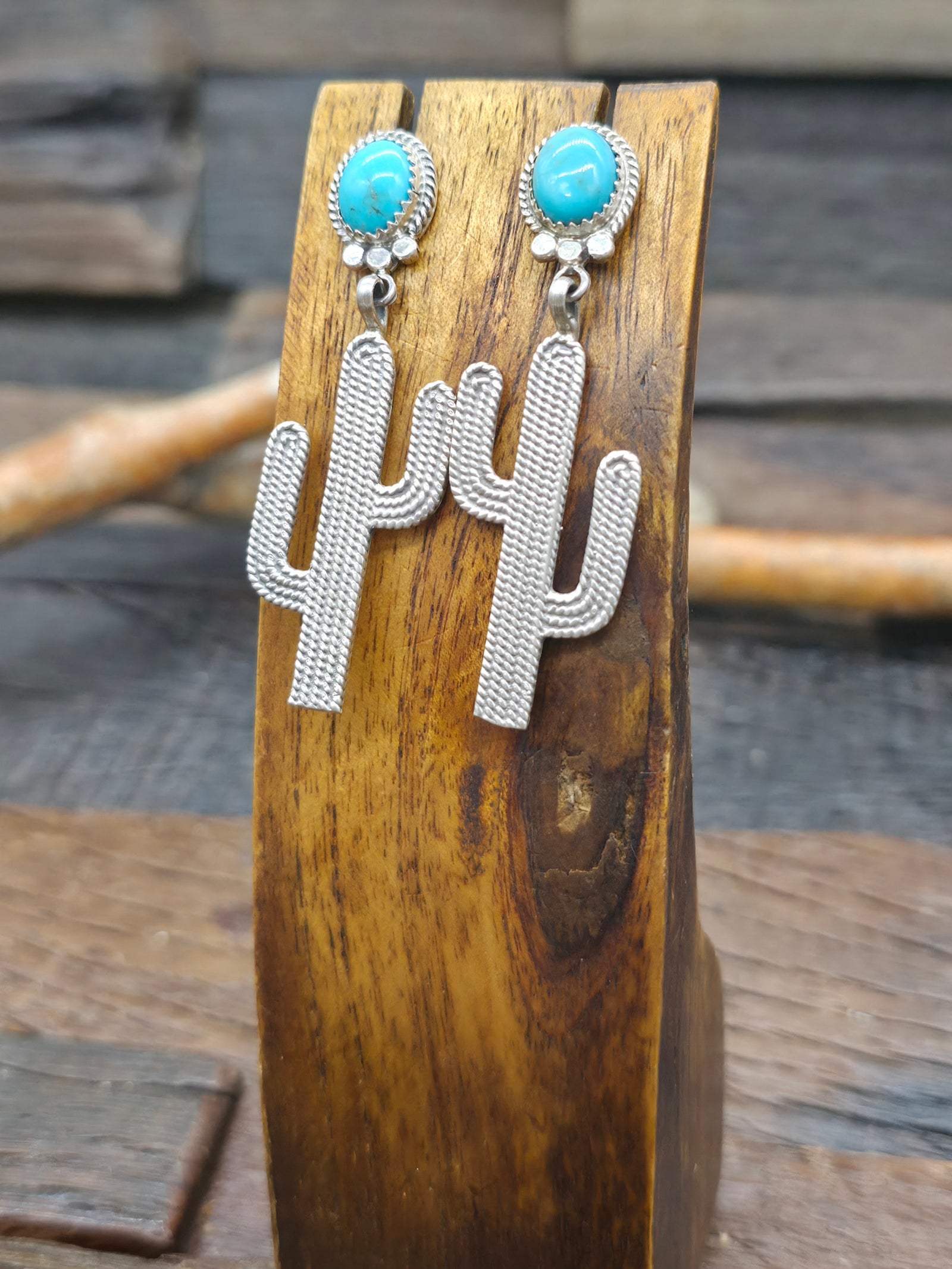 Sterling Silver Turquoise Cactus Earrings by Sharon McCarthy - 2 1/4 in. by 3/4 in.