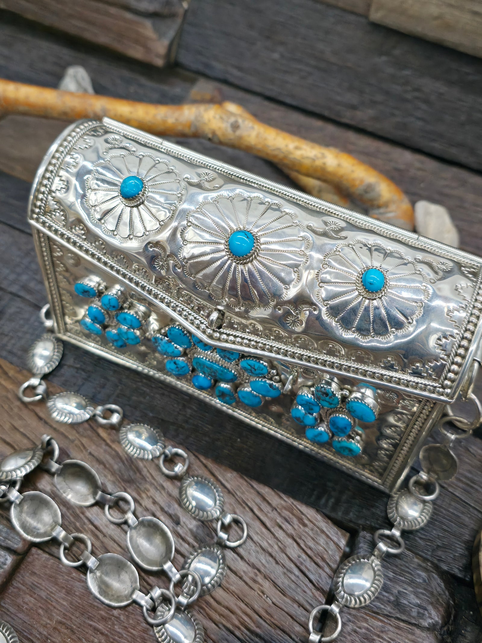 Stamped Sterling Silver Kingman Turquoise Crossbody Purse by Phil Lynn and Wilford Begay - 6 in. by 2 1/2 in. by 3 3/4 in.