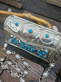 Stamped Sterling Silver Kingman Turquoise Crossbody Purse by Phil Lynn and Wilford Begay - 6 in. by 2 1/2 in. by 3 3/4 in.