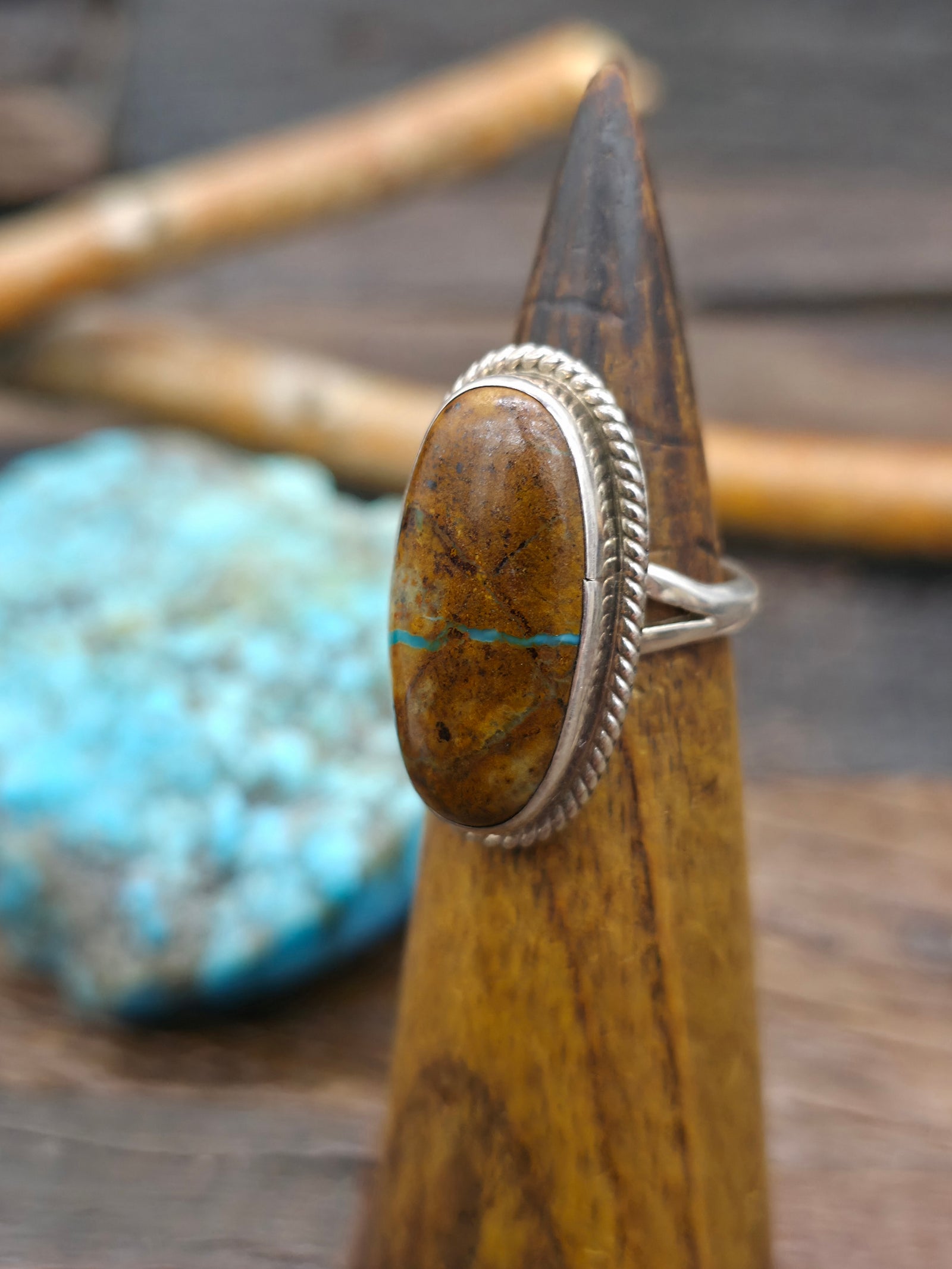 Sterling Silver Ribbon Turquoise Ring with Rich Brown Matrix - Size 7 3/4