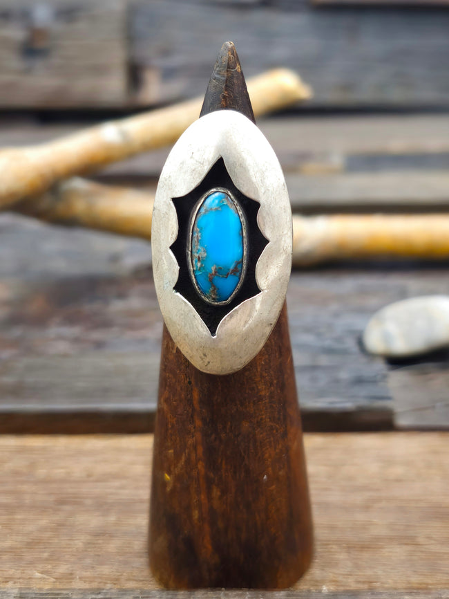 Vintage/Estate Blue Turquoise Shadowbox Sterling Silver Ring - Size 7 1/2