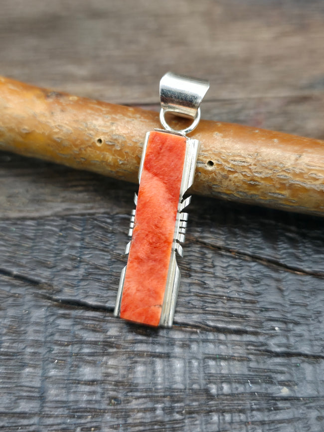 Sterling Silver Orange Spiny Oyster Pendant by Brandon Etsitty - 1 3/4 in. by 1/2 in.