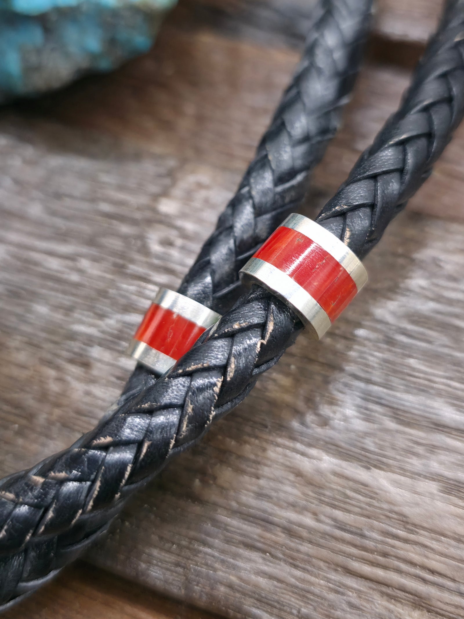 High Shine Sterling Silver Turquoise and Coral Inlay Bolo Tie by Michael Perry - 46 in.
