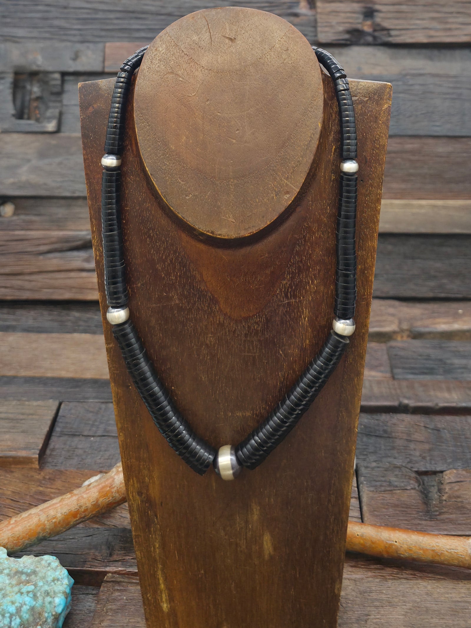 Graduated Jet Heishi Necklace with Sterling Silver Beads - 20 in.