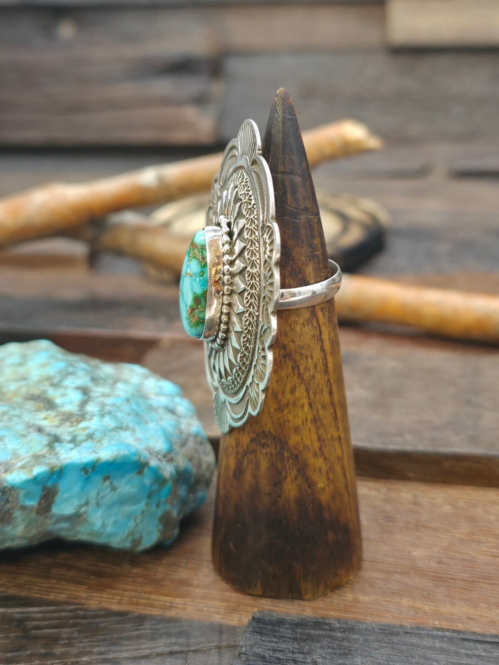 Stamped Sterling Silver Turquoise Statement Ring by  - Adjustable