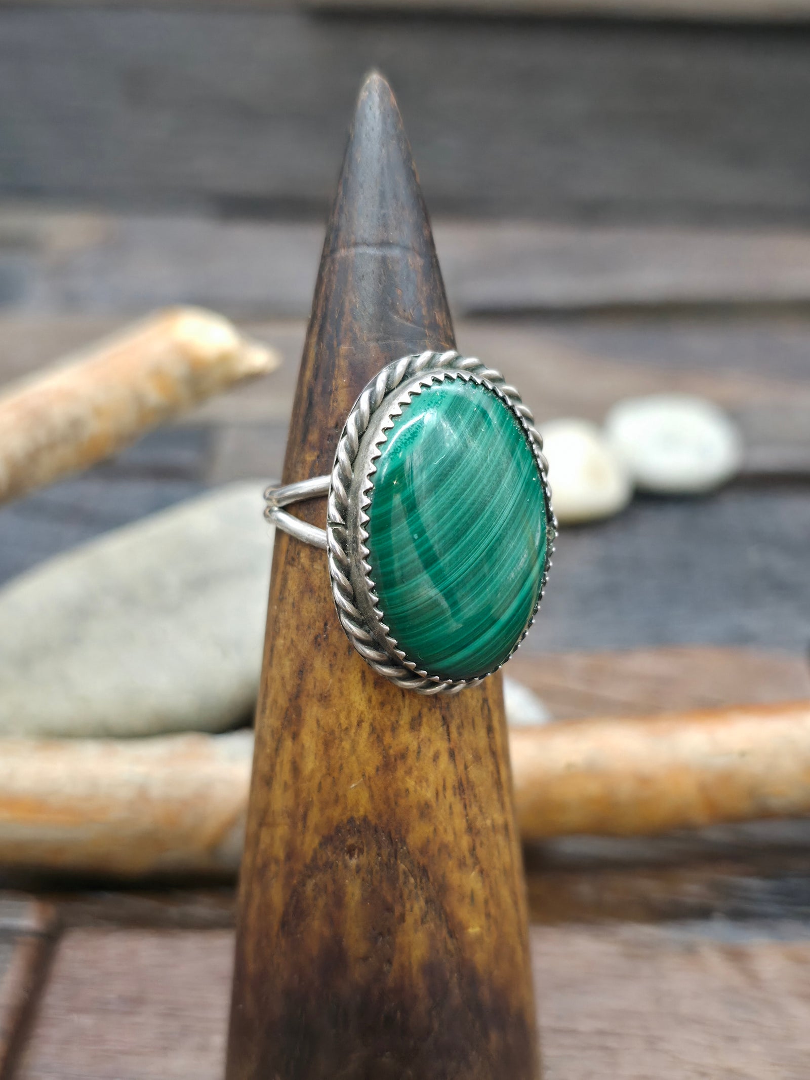 Sterling Silver Large Oval Malachite Ring by Tommy Lee - Size 10