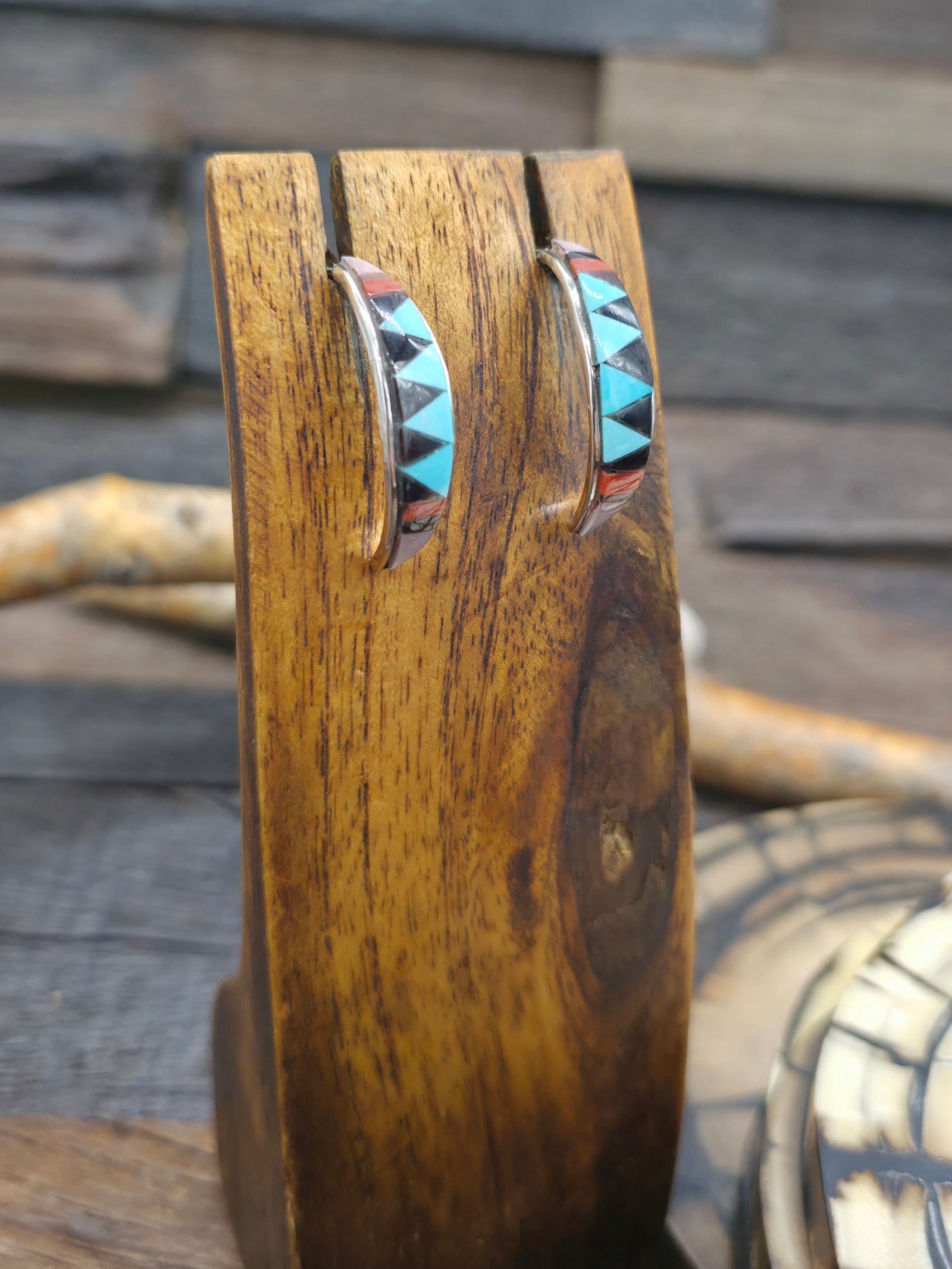 Sterling Silver Half Hoop Inlay Earrings by Tammy Qualo - 1 in. by 1/4 in.