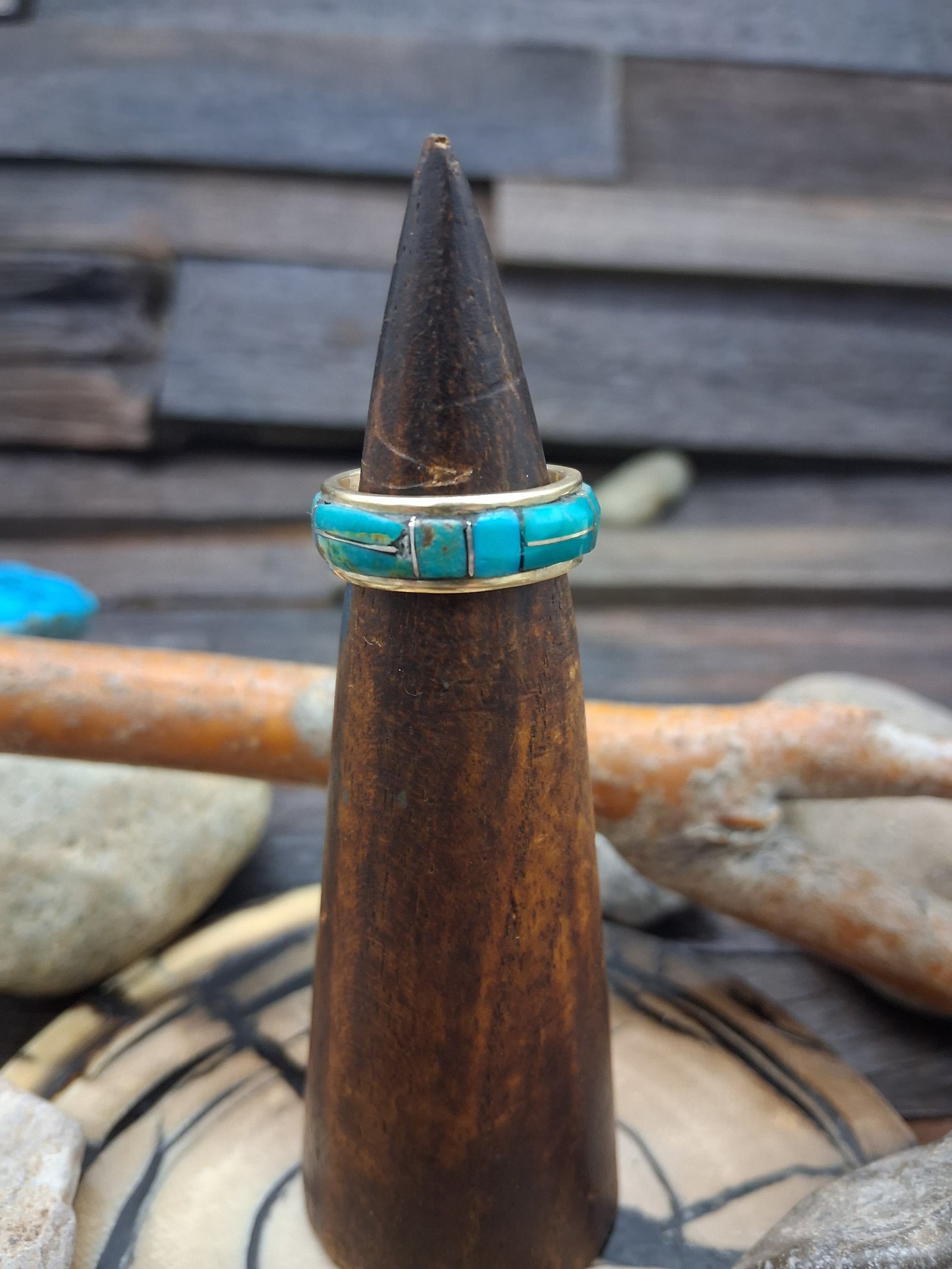 14 KT Gold Inlay Turquoise and Coral Ring Size 5 1/2