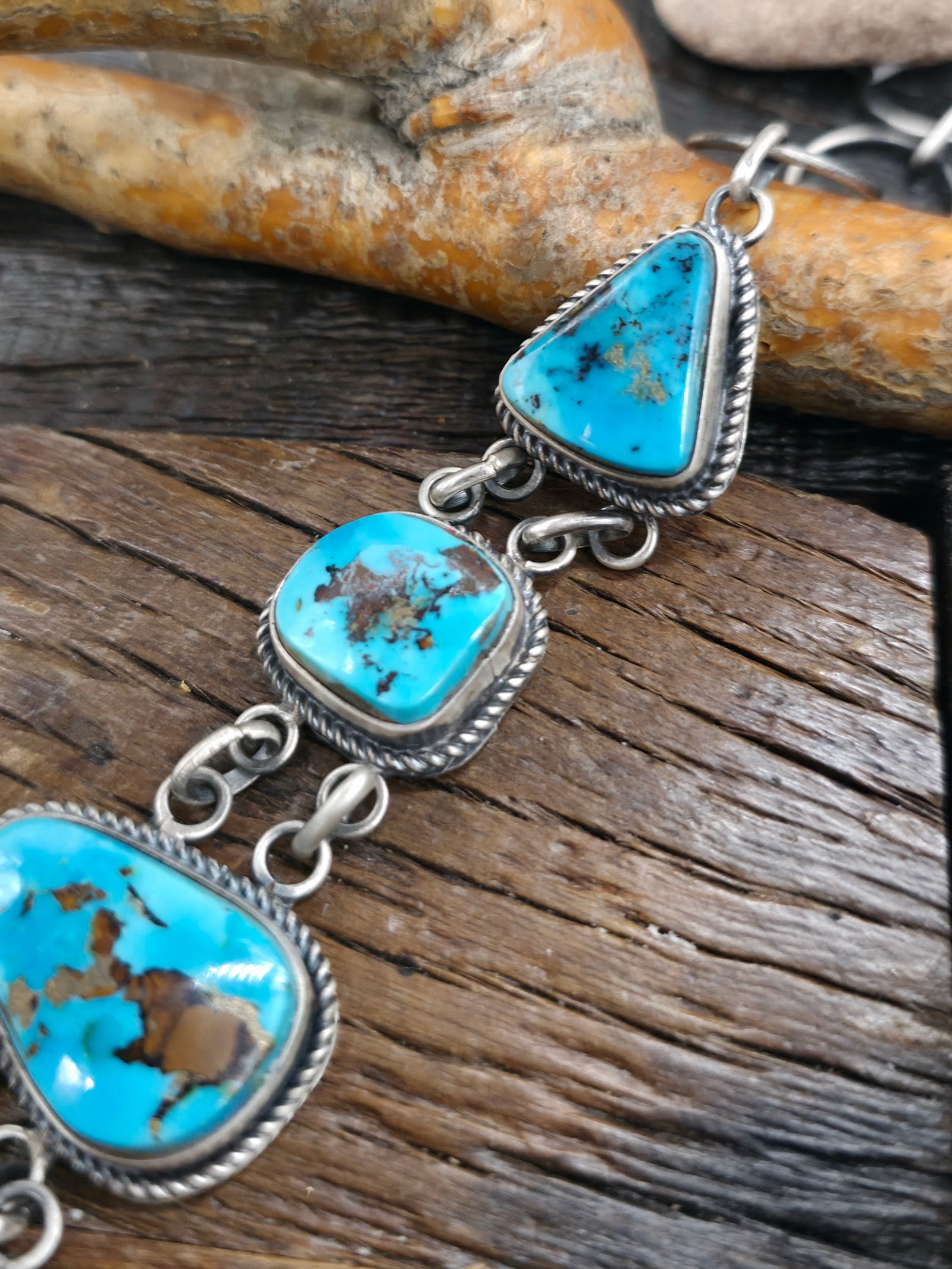 Five Stone Blue Gem Turquoise Sterling Silver Link Bracelet by LaRose Ganadanegro - 9 1/2 in.