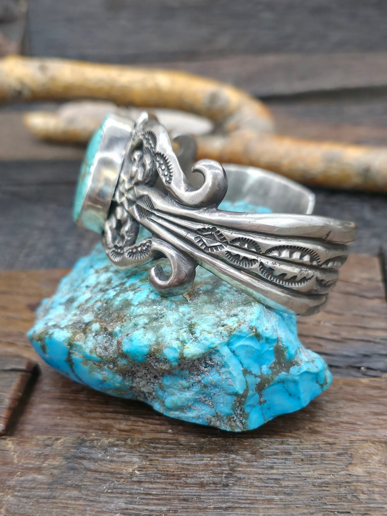 Extra Large Cast and Stamped Sterling Silver and Turquoise Cuff - 9 in. with Gap