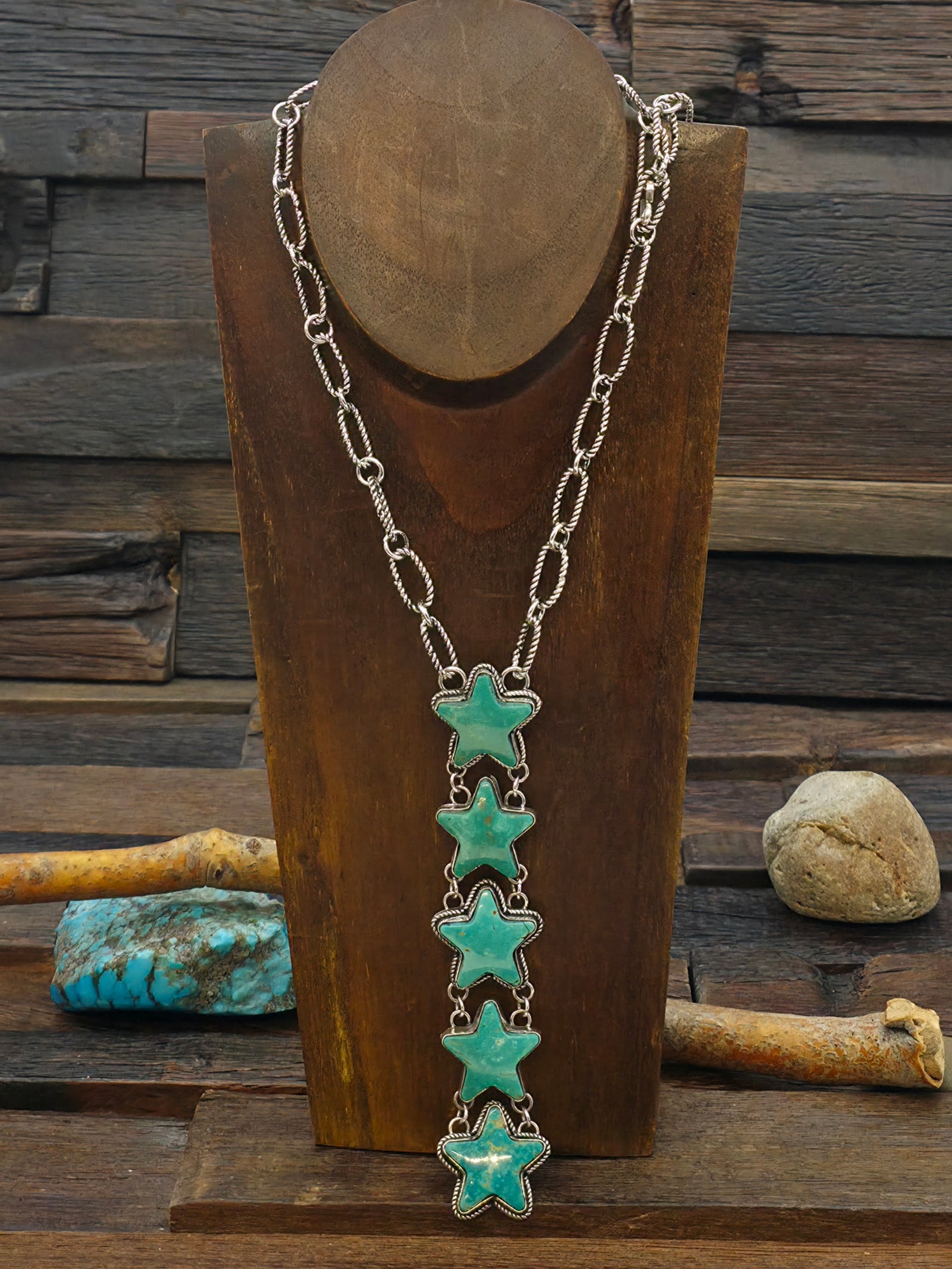 Green Turquoise and Sterling Silver Stars Lariat Necklace - 23 in.