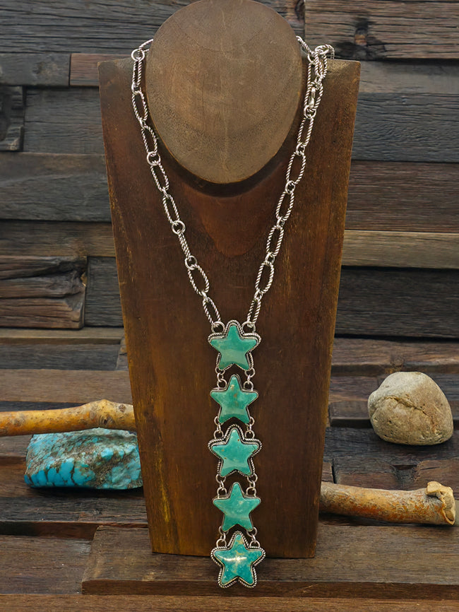 Green Turquoise and Sterling Silver Stars Lariat Necklace - 23 in.