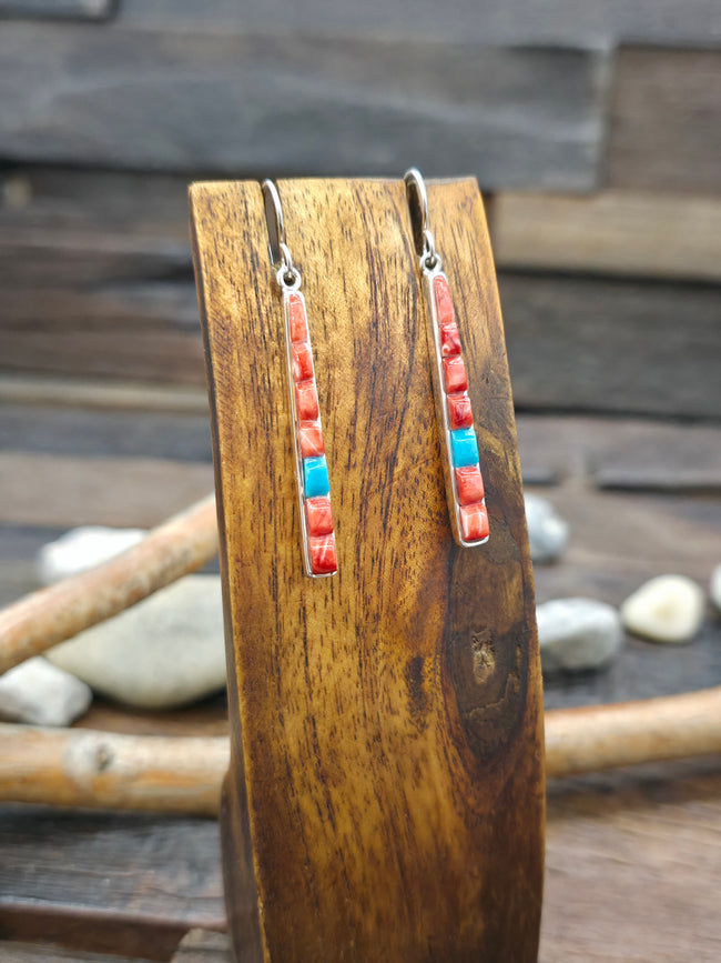 Red Spiny Oyster and Turquoise Cobblestone Inlay Sterling Silver Earrings by Rick Tolino
